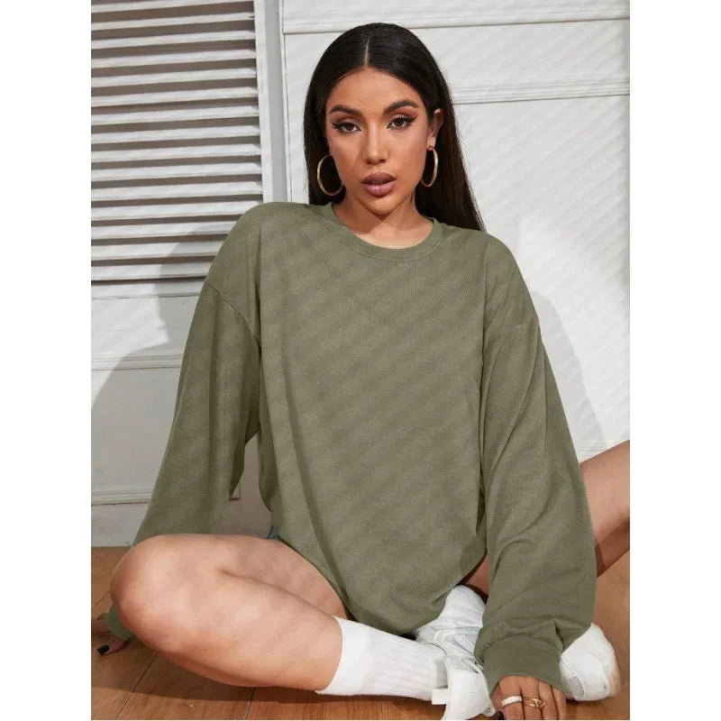 DressBetty - 2024 Solid Simplicity Round Neck Long Sleeve Tee