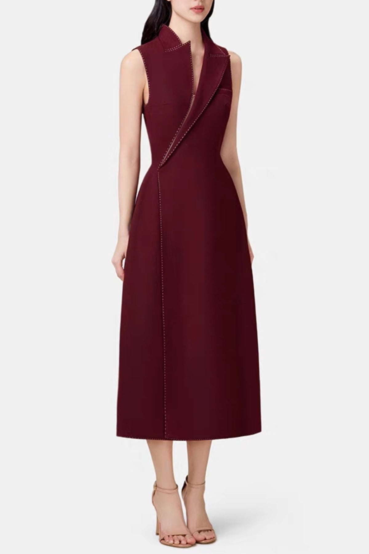 Vequa Asymmetric Collar Sleeveless Midi Dress - Wine