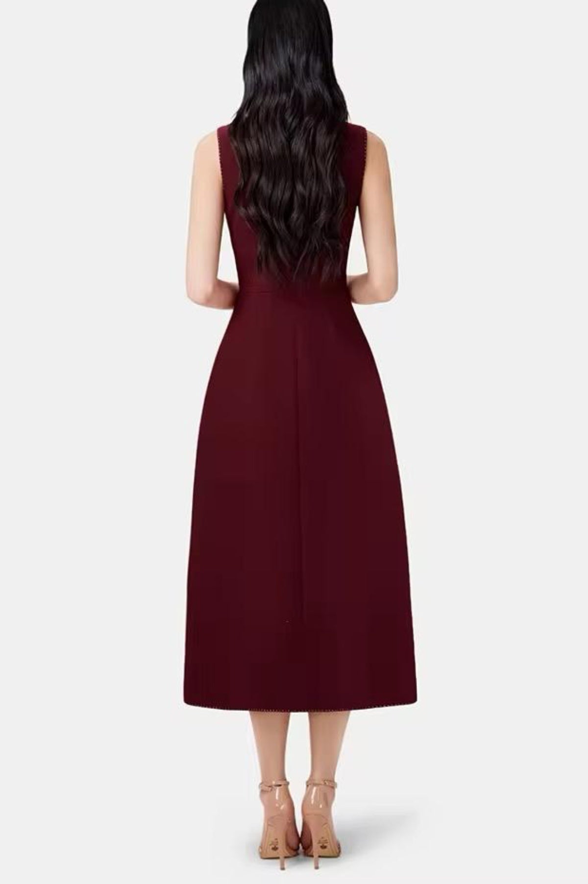 Vequa Asymmetric Collar Sleeveless Midi Dress - Wine
