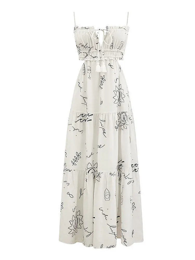 DressBetty - 2024 Sweet White Graffiti Print V-Neck Tassel Sleeveless Floral Dress