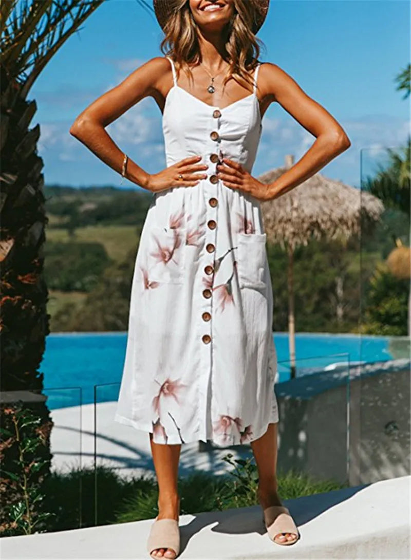 Printed Suspender Collar Red Midi Dress