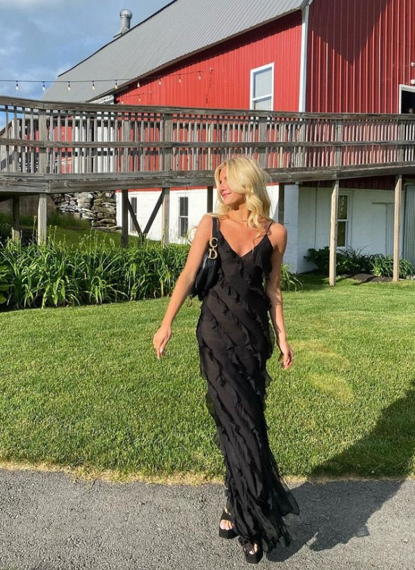 DressBetty - Elegant Deep V Neck Maxi Dress