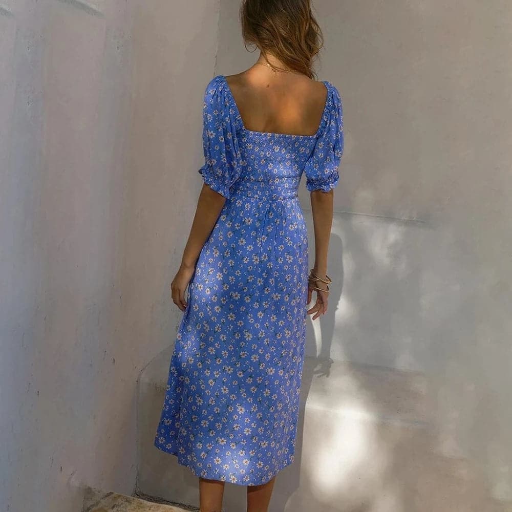 DressBetty - Women Elegant Floral Print Summer Dress V-neck Puff Sleeve Split Midi Dress