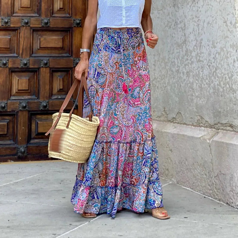 DressBetty - Elegant High Waist Vintage Patterned Print Boho Long Maxi Skirt