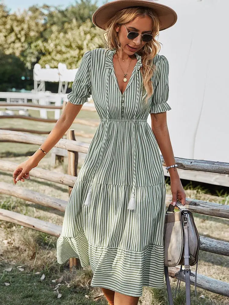 DressBetty - 2024 Elegant Striped V-Neck Lantern Sleeve Boho Dress