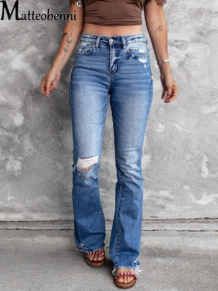 DressBetty - Holes Ripped Tassel Flare Jeans High Waist Denim Ladies Vintage Stretch Slim Jeans