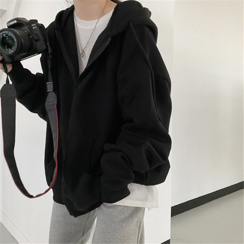 DressBetty - Korean Version Zip Up Loose Oversized Hoodie