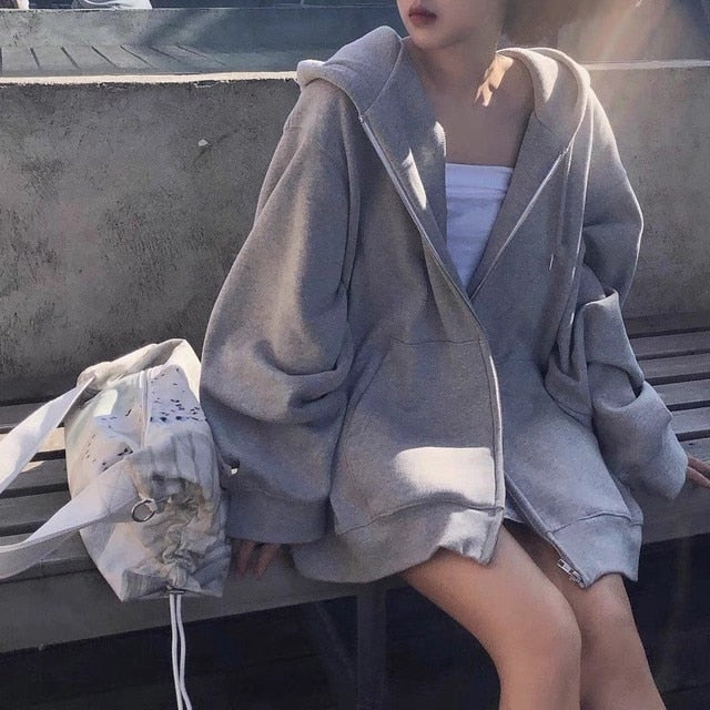 DressBetty - Korean Version Zip Up Loose Oversized Hoodie