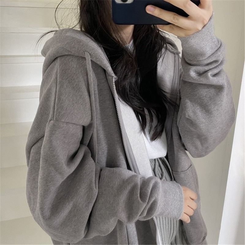 DressBetty - Korean Version Zip Up Loose Oversized Hoodie