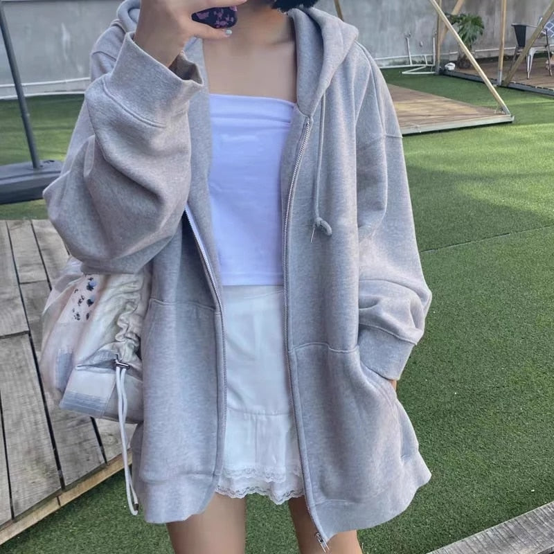 DressBetty - Korean Version Zip Up Loose Oversized Hoodie