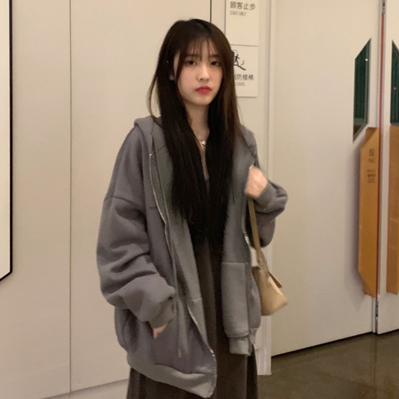 DressBetty - Korean Version Zip Up Loose Oversized Hoodie