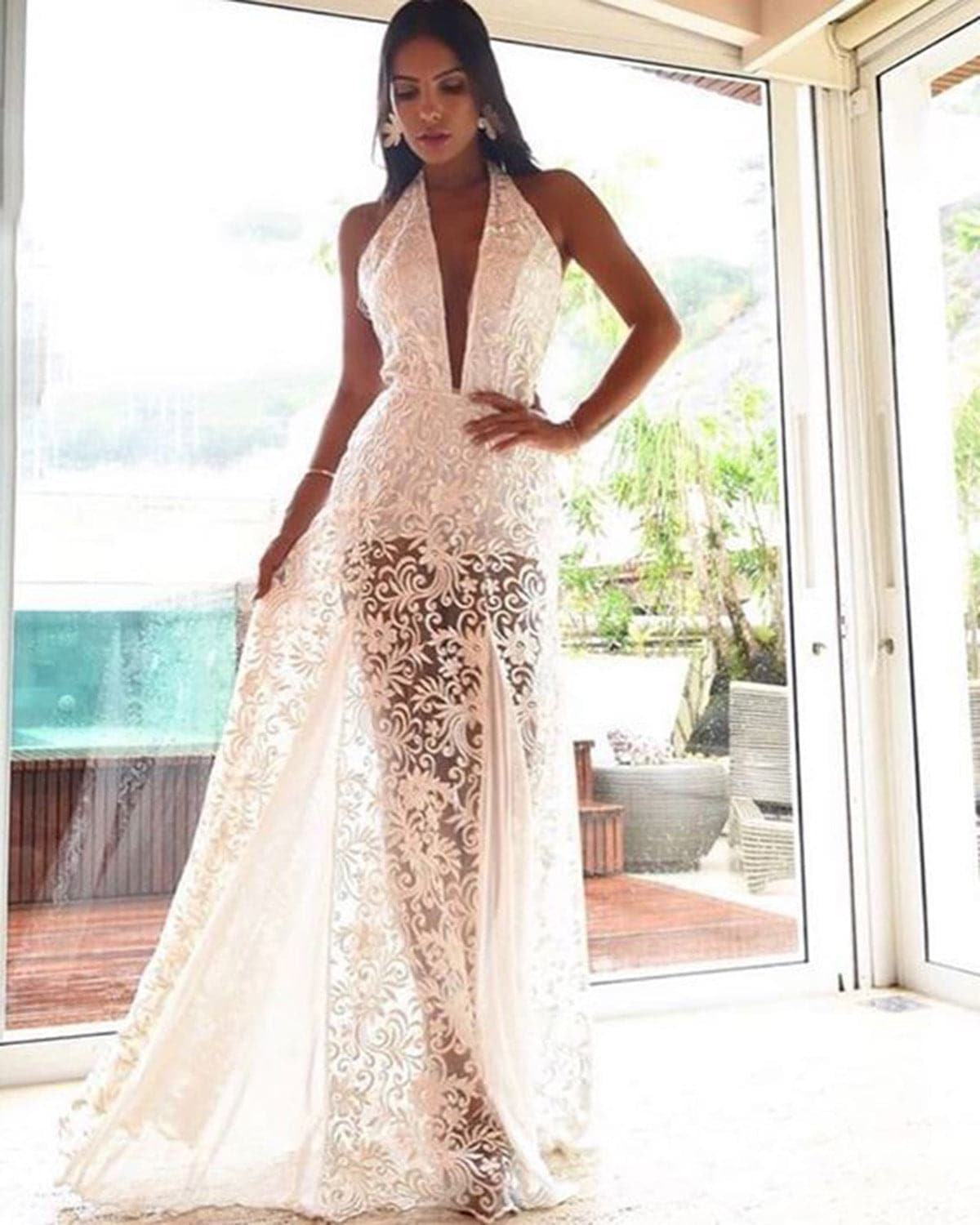 DressBetty - Women Lace Vestidos Dress Sexy Halter Neck Long Maxi Dress