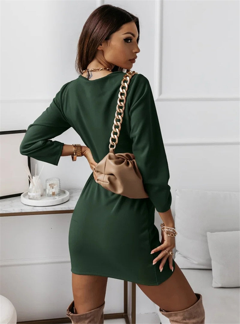 DressBetty - Solid Color Dresses V-Neck Long Sleeve Slim Mini Dress