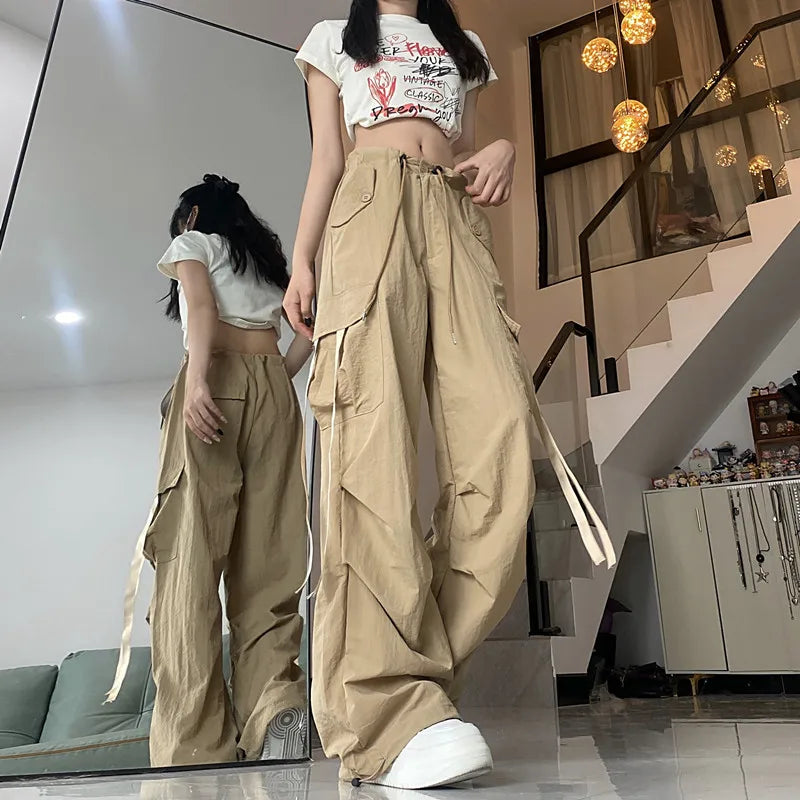 Khaki Straight Baggy Wide Leg High Waist Drawstring Sweatpants