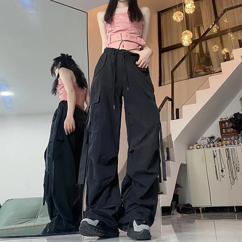 Khaki Straight Baggy Wide Leg High Waist Drawstring Sweatpants