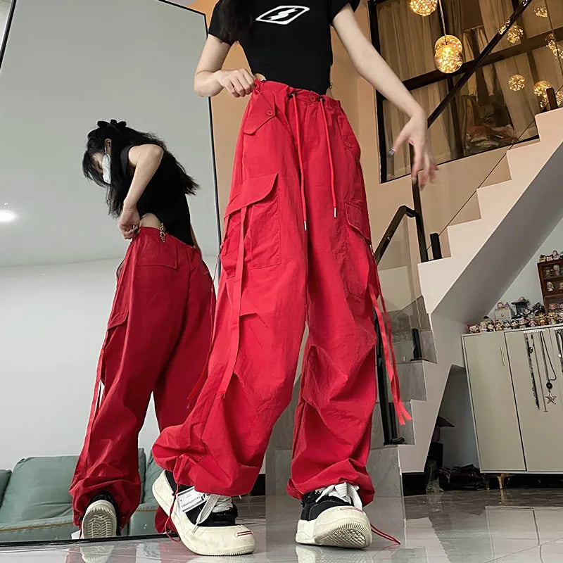 Khaki Straight Baggy Wide Leg High Waist Drawstring Sweatpants