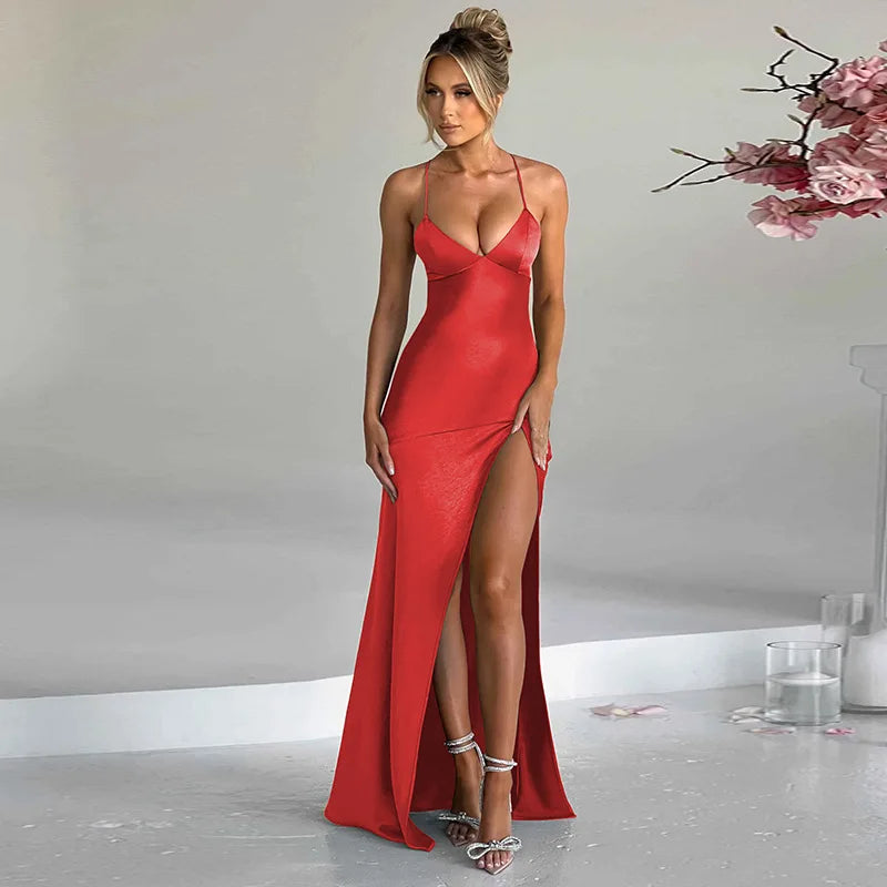 Split Halter Mid Length Midi Dress