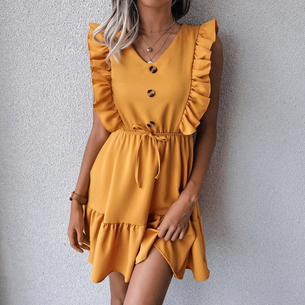 DressBetty - V Neck Ruffled Single Breasted Dress