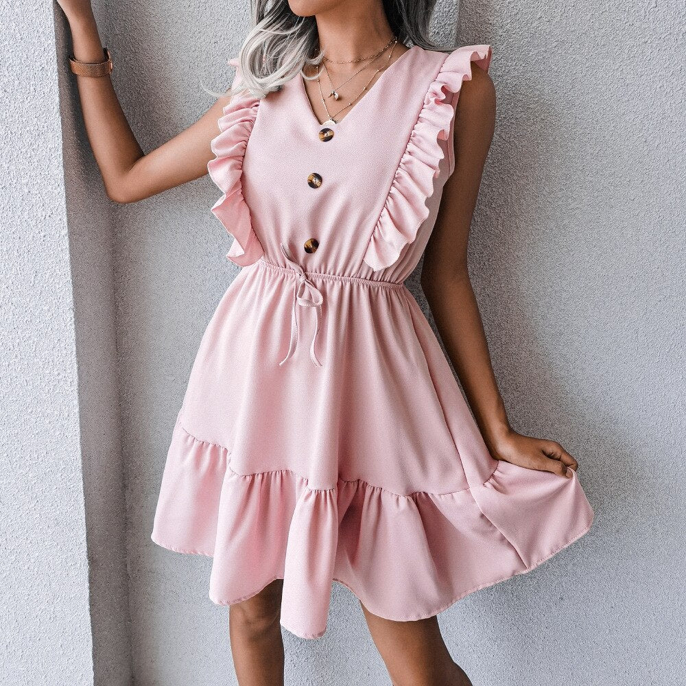 DressBetty - V Neck Ruffled Single Breasted Dress