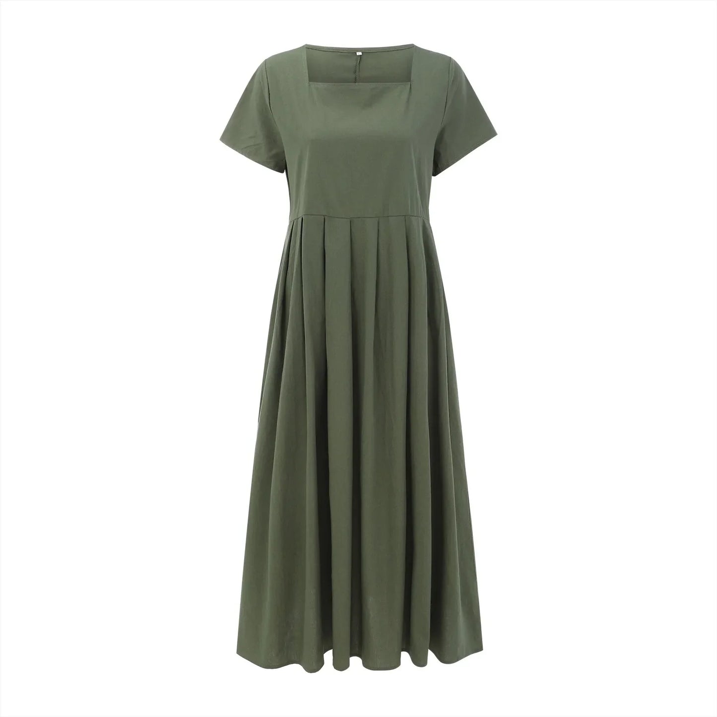 Casual Solid Color Square Collar Cotton Linen Swing Party Midi SunVestidos Dress