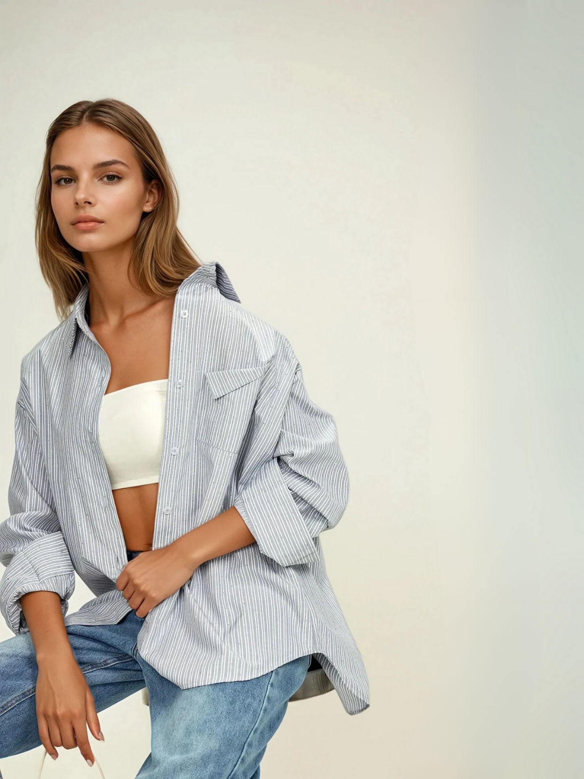 Rhinestone Dot Pinstripe Long Sleeves Pocket Shirt