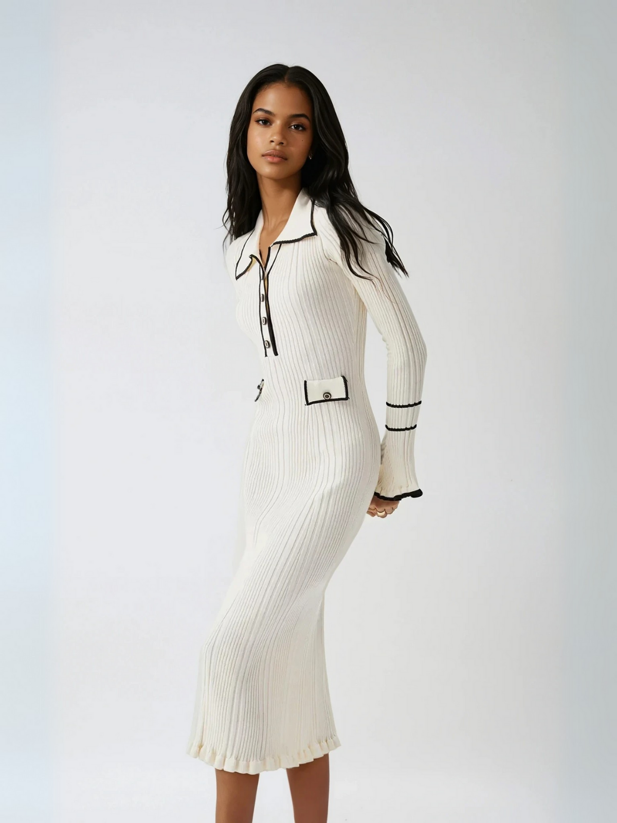 Oldmoney Style Contrast Ruffled Trim Midi Dress
