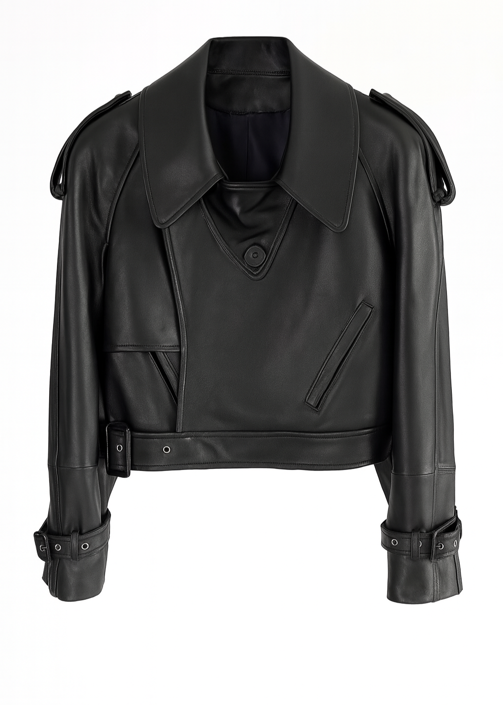 Cropped Faux Leather Biker Jacket - Belted Moto Style