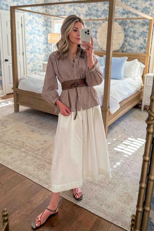 Gingham Shirt & White Midi Skirt Set(Free Belt)