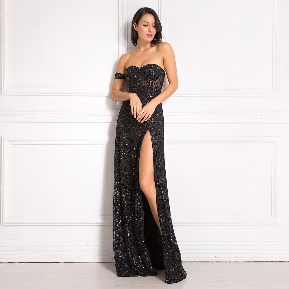 DressBetty - Off Shoulder Glitters Floor Length Split Party Dress
