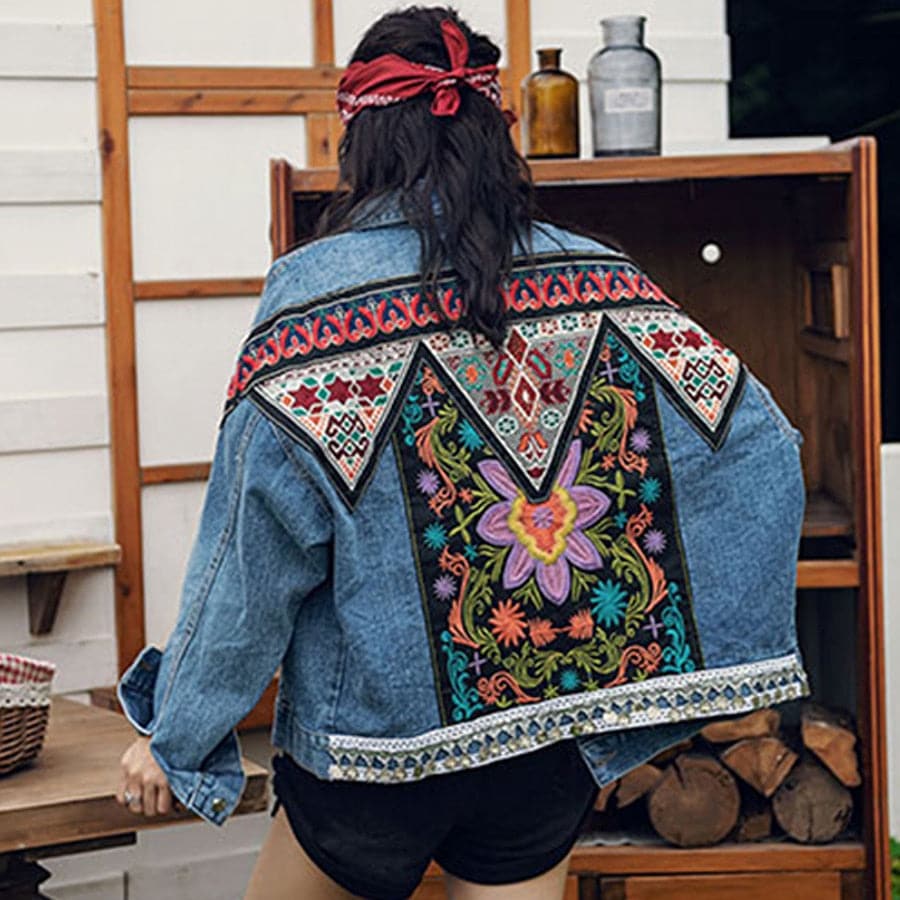 DressBetty - Boho Denim Floral Appliques Embroidery Vintage Coat