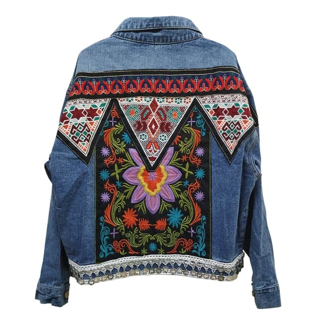 DressBetty - Boho Denim Floral Appliques Embroidery Vintage Coat