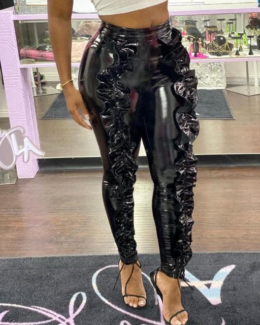 DressBetty - PU Leather Pencil Ruffle Pleated stacked Pants Skinny Bodycon Sexy Womne Pants High Waist Black PU Trousers Club