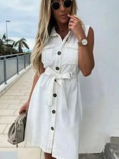 DressBetty - Women Vintage Front Button Sashes Sheath Party Dress Sleeveless Turn Down Collar Casual Mini Dress Summer Fashion New Dress