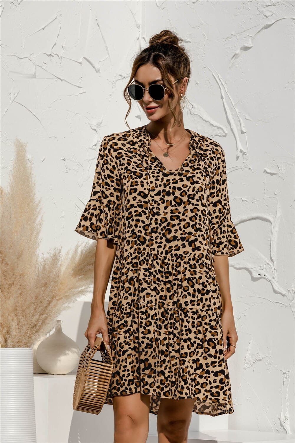 DressBetty - Floral Stitching V-neck Flared Sleeves Dress