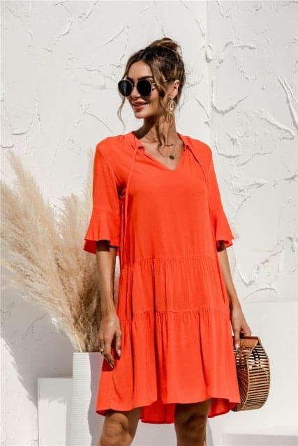 DressBetty - Floral Stitching V-neck Flared Sleeves Dress