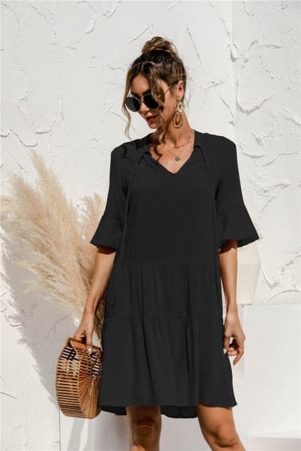 DressBetty - Floral Stitching V-neck Flared Sleeves Dress