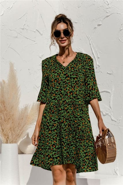DressBetty - Floral Stitching V-neck Flared Sleeves Dress