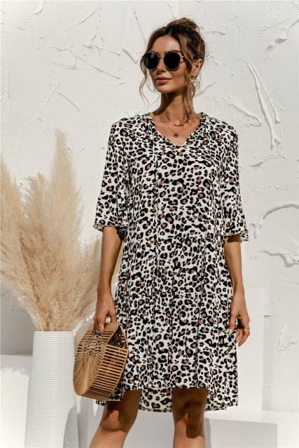 DressBetty - Floral Stitching V-neck Flared Sleeves Dress