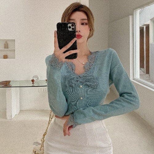 DressBetty - Vintage Knitted Shirts Ladies Casual V-Neck Lace Slim Blouse and Tops Women Spring Korean Style Sexy Shirt Female Elegant