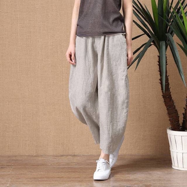 DressBetty - ShiMai Women's Cotton Linen Pants Elastic Waist Vintage Trousers Lady Loose Casual Pants S-2XL Retro Literary Cotton Trousers