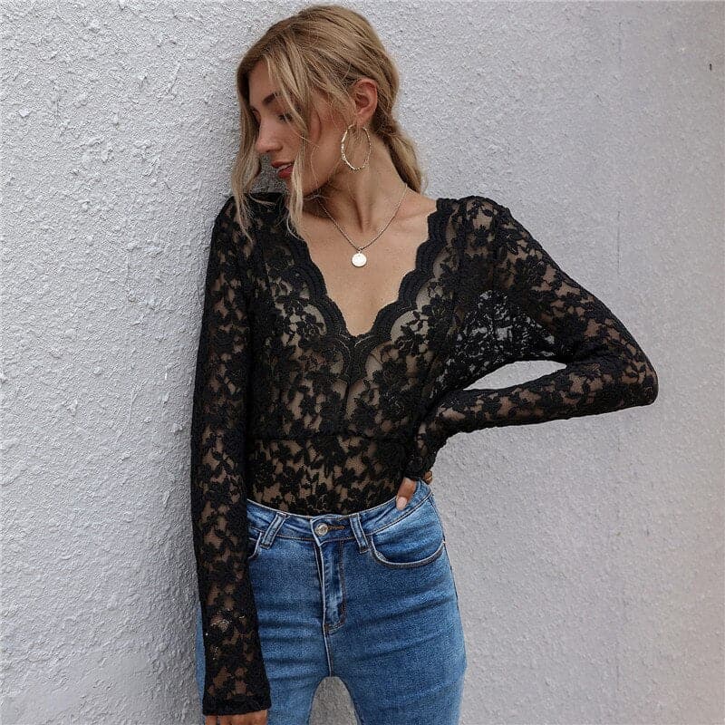 DressBetty - Sexy Deep V-neck Lace T-shirt