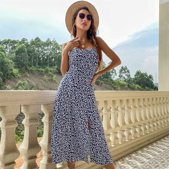DressBetty - Summer Fashion Bohemian Sleeveless Dress for Women Vintage Sexy Floral Silk Maxi Robe Casual Wedding Guest Long Dresses