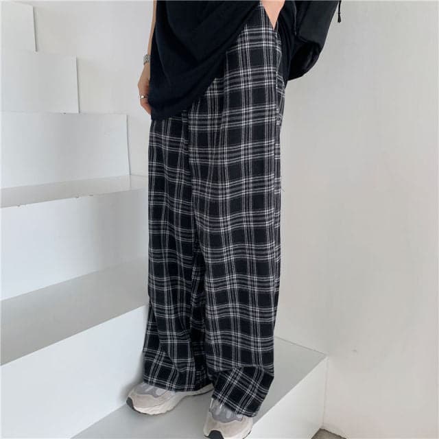 DressBetty - Oversize 3XL Plaid Pants Women Casual Loose Wide Leg Trousers Ins Retro Teens Straight Trousers Hip-hop Unisex Streetwear