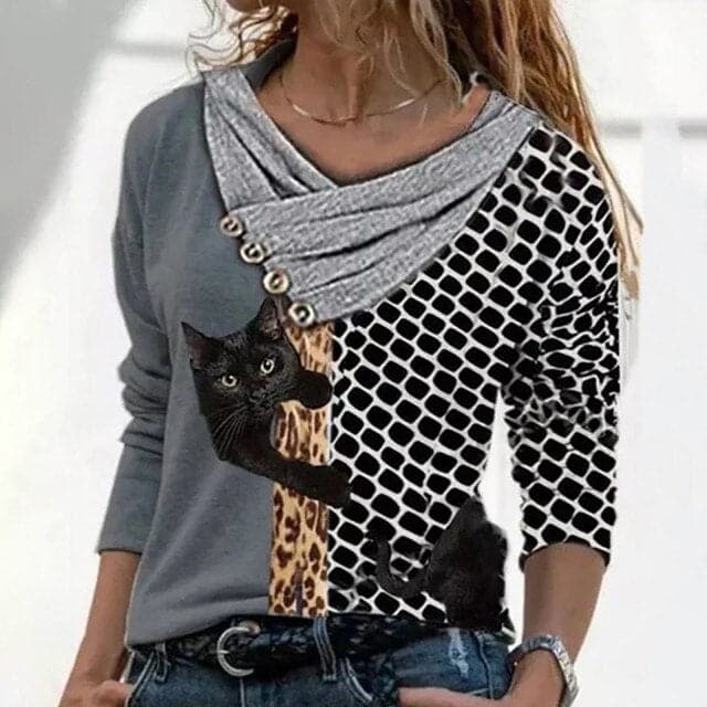 DressBetty - Women Tunic Vintage Casual Tops Cross V-neck Buttons Printing Long Sleeve Sweaters Top Summer Female T-shirt Female Clothing