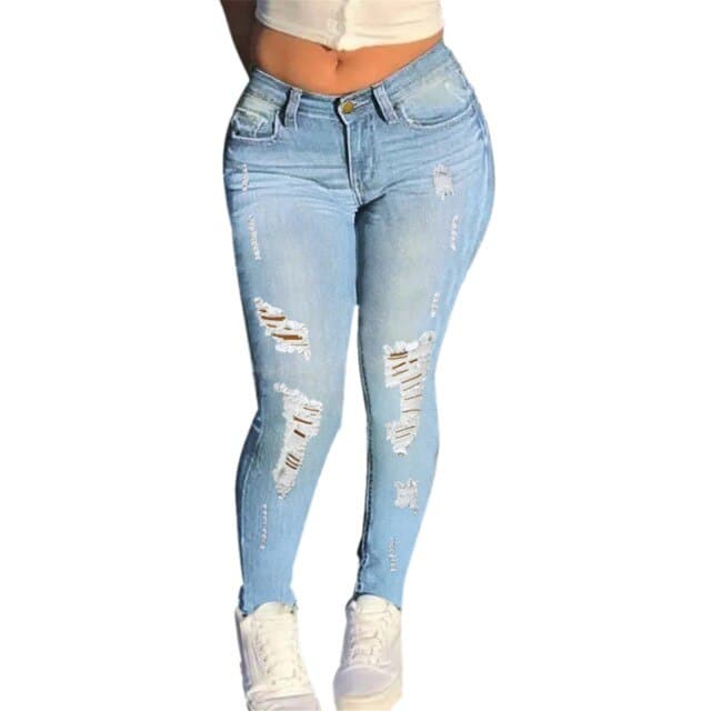 DressBetty - Women's Ripped Jeans High Waist Stretch Skinny Denim Trousers Blue Retro Washed Fashion Sexy Elastic Slim Pencil Pants