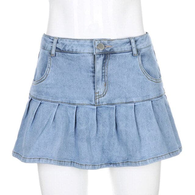 DressBetty - Harajuku High Waist Women Jeans Skirts Pleated Y2K Skinny Blue Denim Mini Skirt Summer Pop Ruffles Streetwear Bottom Korean