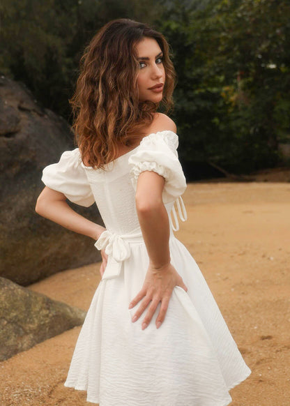 Off-Shoulder Puff Sleeve Mini Dress – Feminine & Flirty