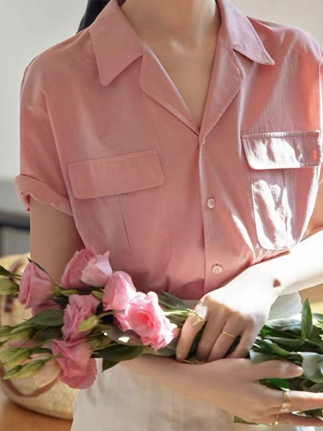 Celeste French Style V-Neck Top-Pink