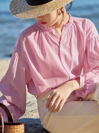 Baggy Casual Crew Neck Red Striped Shirt