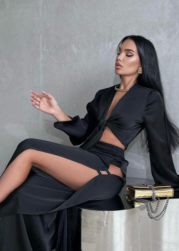 Noir Seduction - Satin Two-Piece Slit Set